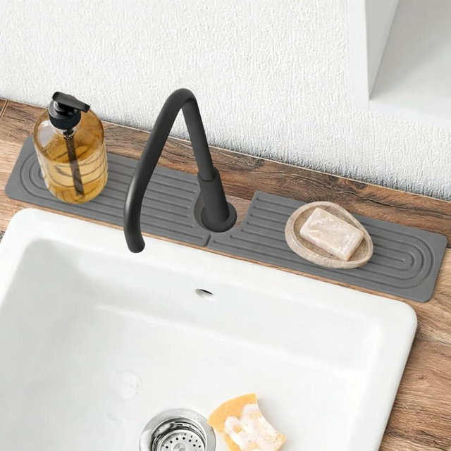 Meiliweser Stone Faucet Mat for Kitchen Sink, Quick Dry Diatomite Sink Splash Guard, Upgraded U-shaped Drying Sink Protectors, Non-Slip Stone Tray for Bathroom Counter (23.6" x 4", Dark Gray)