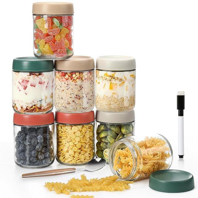 DIMBRAH 16oz Glass Jars with Lids - Set of 8, Overnight Oats Containers with Lids, Practical Oatmeal Container to Go, Chia Seed Pudding Jars, Yogurt Containers, Baby Food Containers, Comes with a Spoon and a Black Pen