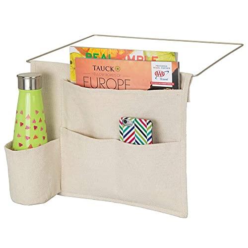mDesign Bedside Storage Organizer Caddy Pocket - Slim Space Saving Design, 4 Pockets - Heavy Cotton Canvas - Holds Water Bottles, Books, Magazines - Cream/Wire Insert in Satin