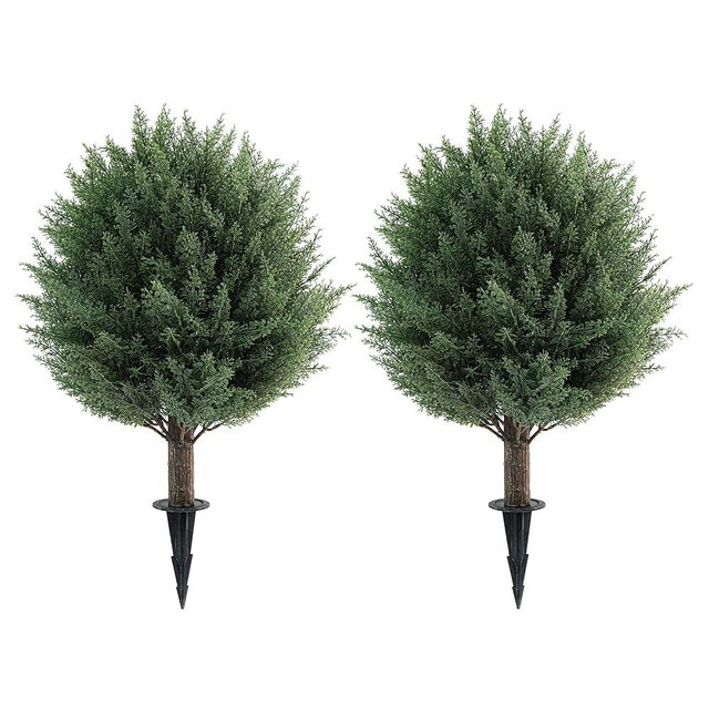 21'' Artificial Cedar Topiary Ball Trees with Ground Spike, 2 Pack Artificial Shrubs, UV Resistant Fake Plant Brush for Indoor Outdoor Front Porch Garden