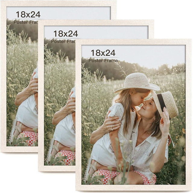 Momentworth 18x24 Frame Set of 3, Rustic White Wood Grain 18x24 Poster Frame, Gallery Wall Frames 18x24 Picture Frame for Wall Mounting (3 Pack,White)