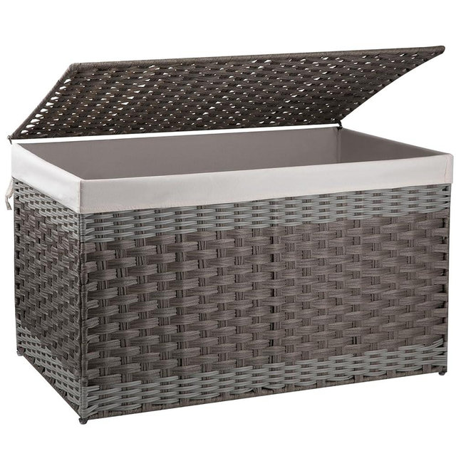 OIAHOMY Extra Large Storage Basket with Lid, 42.3 Gallon (160L) Blanket Basket with Removable Liner Bag, Wicker Basket with Handle, Foldable, Handwoven Basket for Bedroom, Living Room, Grey