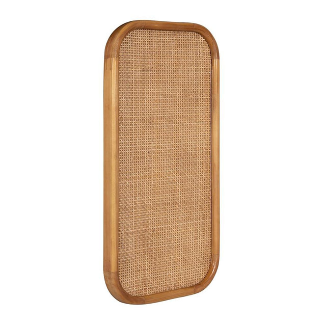 Kate and Laurel Planche Modern Rattan Wall Pinboard, 12 x 24, Natural Wood, Boho Rounded Rectangle Wall Organizer for Use as Cork Board, Vision Board, or Bulletin Board