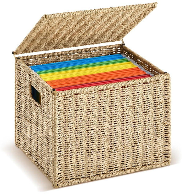 Jingmore Paper Rope File Box Organizers Collapsible Letter Size Filing Cabinet with Lid Woven Hanging File Basket Portable Decorative Document File Storage Box for Office/Decor/Home (Letter Size)