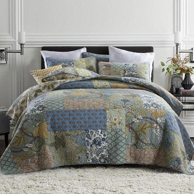 Wistown Cotton Bedspread Bedding Coverlet Quilt Sets, Reversible Vintage Branch Floral Bedspread comforters, (Rustic Sage Green Patchwork Pattern, King Size)
