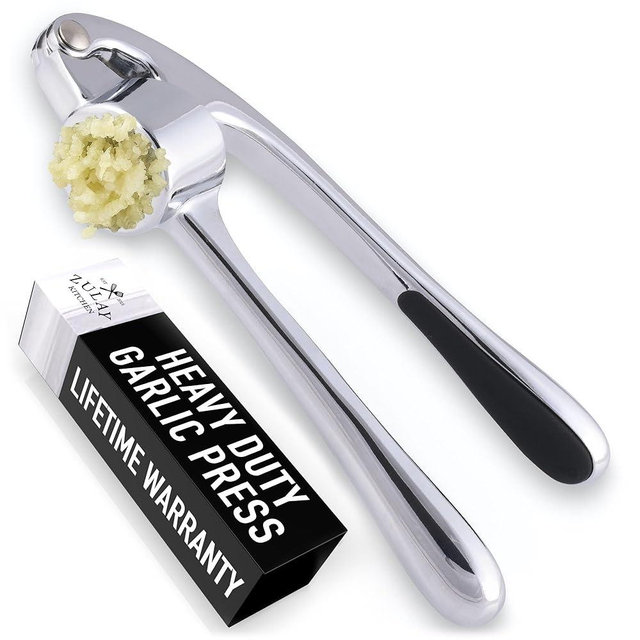 Zulay Kitchen Premium Garlic Press - Durable Garlic Masher with Soft, Easy to Squeeze Handle - Garlic Mincer Tool - Sturdy Easy to Clean Garlic Crusher (Chrome)