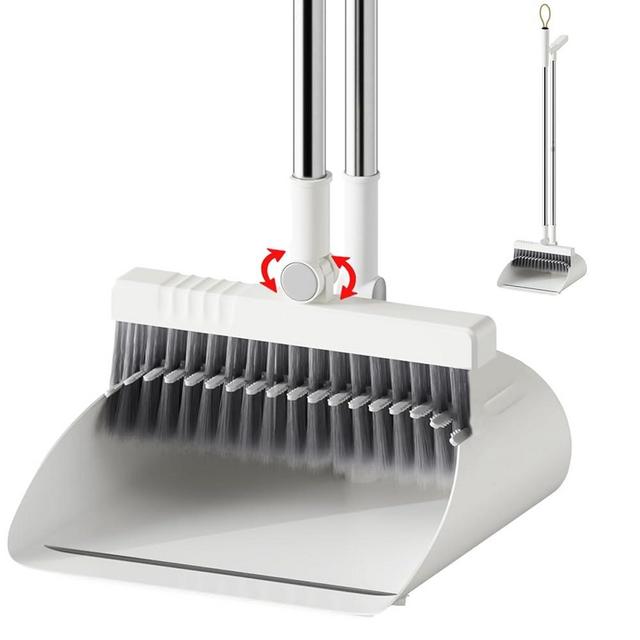 Upgrade Broom with Dustpan Combo Set, Broom and Dustpan Set with Adjustable Handle，Self-Cleaning Dustpans Teeth for Home Kitchen Office Hall Floor，ZeroGap Lip （White&Grey）