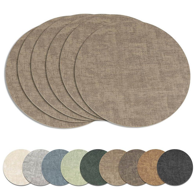 13" Round Placemats Set of 6, Reversible Faux Leather Heat Resistant Table Mats, Waterproof Oilproof Wipeable Table Protective Placemats for Vinyl, Washable for Indoor & Outdoor Use (6, Light Coffee)