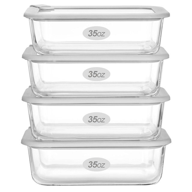 EcoEvo Glass Food Containers with Glass Lid, Microwave Safe Food Storage Container Set, 4 Pack of 35oz, Large Size Airtight Storage Set with Leak Proof Lids, Meal Prep Containers
