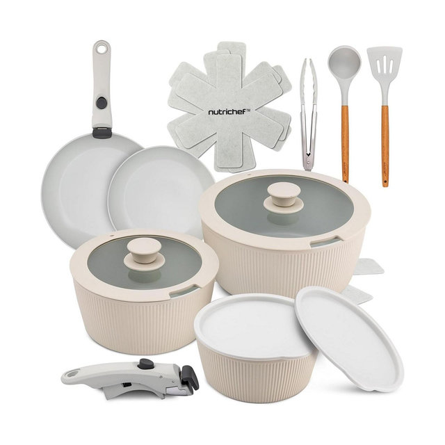 NutriChef Ceramic Nonstick 18-Piece Cookware Set with Detachable Handles