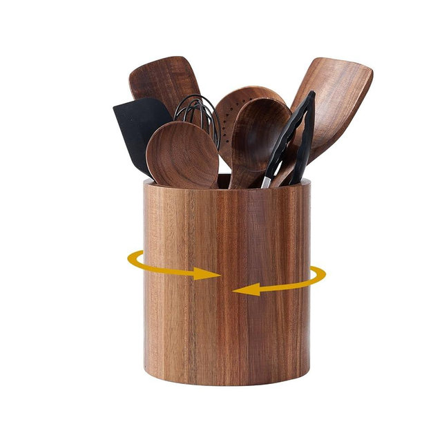MERVAGIN Acacia Wood Utensil Holder for Kitchen Counter , Large Capacity 360°Rotating Cooking Utensil Crock ,Countertop Storage Organizer for Cooking Tools,Rustic Farmhouse Kitchen Decor
