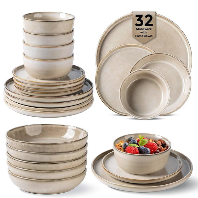 GBHOME 32 Pieces Double Bowls Ceramic Dinnerware Sets for 8, Stoneware Plates and Bowls Set with Reactive Glaze, Scratch Resistant Stoneware Dishes Set, Dishwasher & Microwave Safe