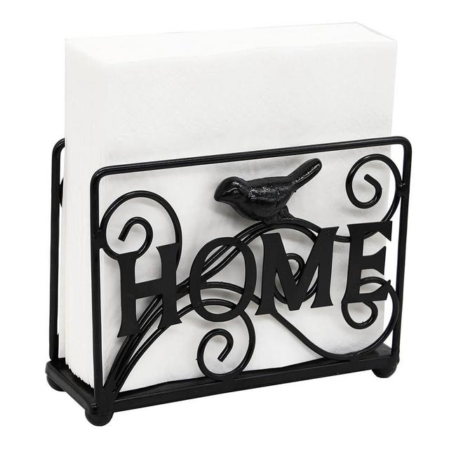 OwlGift Freestanding Modern Metal Napkin Holder, Upright Paper Napkin Dispenser Stand, Kitchen & Dining Essential Storage Organization, w/Cast Iron Bird & Home Character Letter – Black