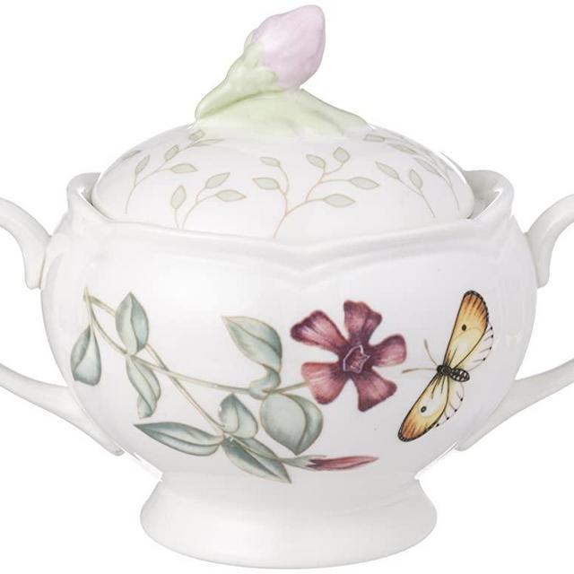 Lenox Butterfly Meadow Double Handled Sugar Bowl with Lid, White -