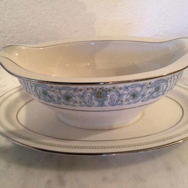Vintage Noritake Ivory China "Monteleone" Pattern No 7569, Gravy Boat With Attached Underplate. Green Flowers, Blue Scrolls. Discontinued.