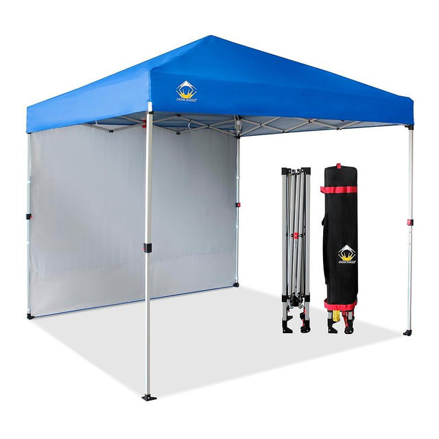 CROWN SHADES Canopy Tent 8x8 Pop Up Canopy Outdoor Shade with One Sidewall, Easy Up Sun Shelter with One Person Set Up Center Lock, Portable Instant Camping Beach Canopy Tents, Blue