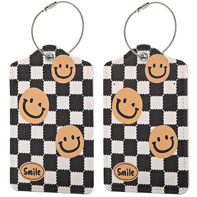 2 PCS Cute Checkered Smile Luggage Tag for Suitcases PU Leather Identifiers Privacy Name Address Label Card Suitcase Tags with Stainless Steel Loop for Women Men Travel Luggage Accessories