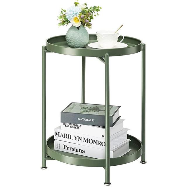 danpinera 2 Tier Metal Side Table with Removable Tray, Folding End Table Outdoor Side Table Small Accent Table, Anti-Rust Green Nightstand for Bedroom Balcony Patio (Dark Green)