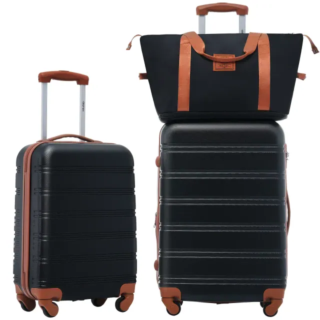 3 PCS Luggage Set, 20" + 24" ABS Hardshell Expandable Spinner Suitcase with Travel Bag and TSA Lock, Black - ModernLuxe