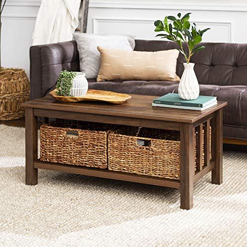 WE Furniture Rustic Wood Rectangle Coffee Accent Table Storage Baskets Living Room, 40 Inch, Dark Walnut