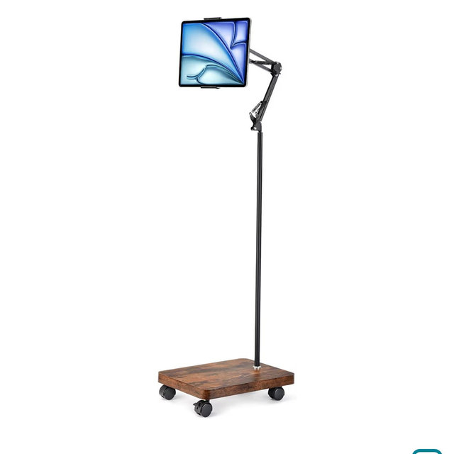 HULISEN Tablet Floor Stand with Wheels, 5lb Wood Base Rolling Tablet Stand, Adjustable Height & Angle with 360° Rotatable Holder for Bed Couch, Compatible with iPad Cell Phone Kindle Tablets 4.7–13"