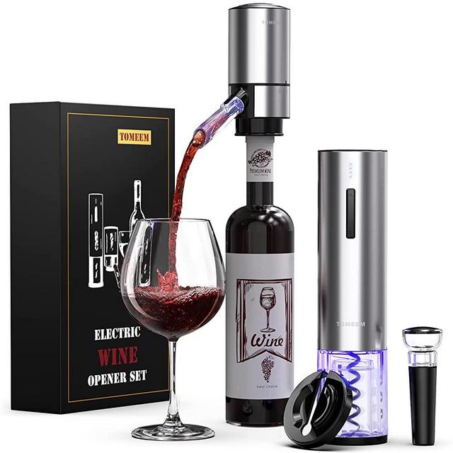 Electric Wine Opener Set, Tomeem Wine Gift Set with Rechargeable Wine Opener, Electric Wine Aerator, Vacuum Stoppers and Foil Cutter, 4-in-1 Electric Wine Bottle Opener for Home Party Bar Outdoor