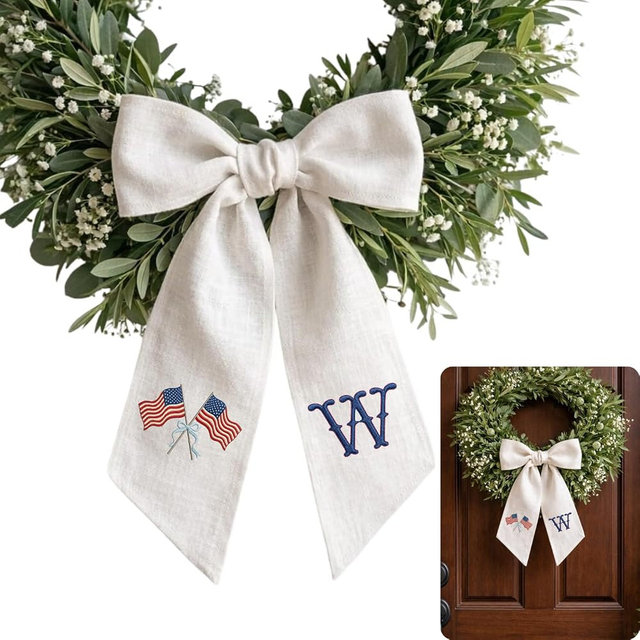 Chikky Monogrammed Wreath Sash with American Flag Embroidery - 54 x 5 Inches Custom White Wreath Bow for Front Door - Patriotic 4th of July, Memorial Day Decor (01 - American Flag & Initial)