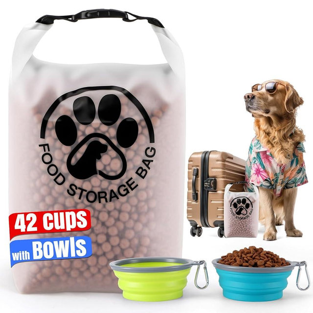 Aosnare Pet Food Storage Bag for Travel - Transparent Leak-Proof Dog Food Container with Roll-Top Closure, Keeps Kibble Fresh for Camping Trip, Dog Boarding, Weekend Getaways (42 Cups+bowl)