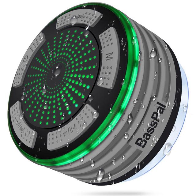 BassPal Shower Speaker Waterpoof IPX7, Portable Wireless Bluetooth Speakers with Radio, Suction Cup & LED Mood Lights, Super Bass HD Sound Perfect Pool, Beach, Bathroom, Boat, Outdoors (02.Gray)