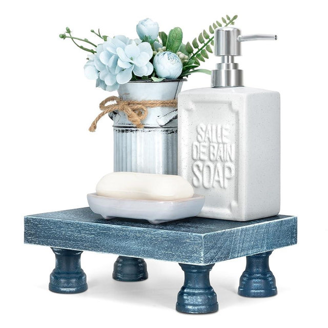 EOSAHR Decorative Display Risers for Home Decor - Wood Pedestal Stand for Kitchen Decor and Countertop Organizer - Ideal for Apartment Essentials (Blue)