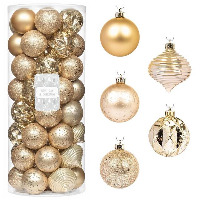 Every Day is Christmas Ornaments, Shatterproof Christmas Tree Ornament Set, Christmas Balls Decoration 50 Count (2.24"/57mm, New Gold)