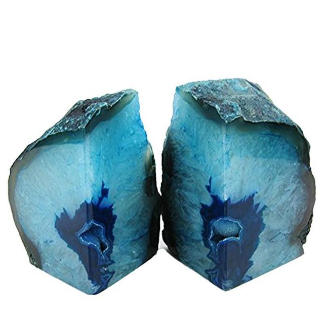 AMOYSTONE 1 Pair Teal Dyed Cut Agate Gemstone Bookends 3-4 lbs Genuine Brazilian with Rubber Bumper