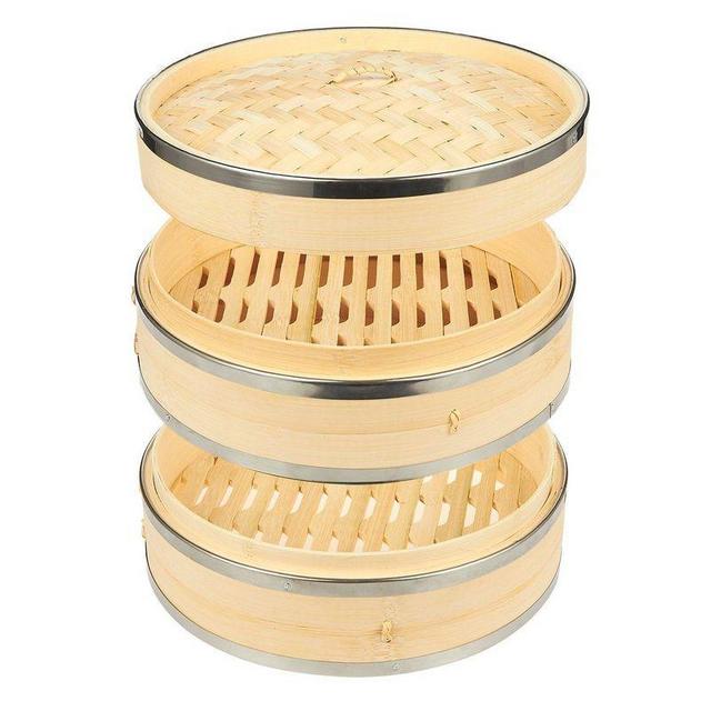 10 Inch Bamboo Steamer with Steel Rings for Cooking (10 x 6.7 x 10 In)