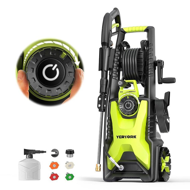 Adjustable 4000 Max PSI Pressure Washer, 2 Max GPM Power Washer with 33 FT Hose Reel, Steel Wand, 500ml Foam Cannon, 4-Nozzle Set, Electric Pressure Washer for Cars, Fences, Patios