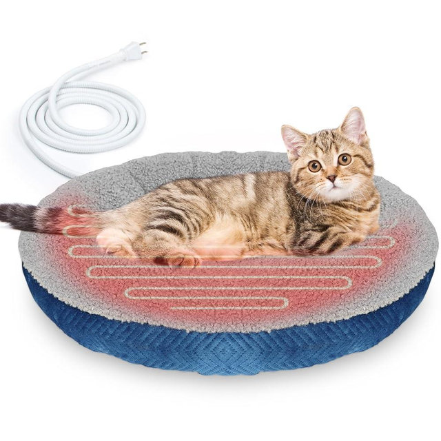 AUPETEK Heated Cat Beds for Indoor Cats Warming Cat Beds Super Soft Machine Washable Thermo Kitty Electric Heating Bed 19 Inches Round