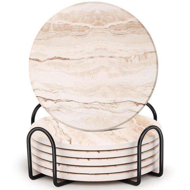 Acejoz Drink Coasters Sets of 6, Absorbent Coaster for Coffee Table Decor, Marble Style Ceramic Coaster for Home Decor, 4 Inches