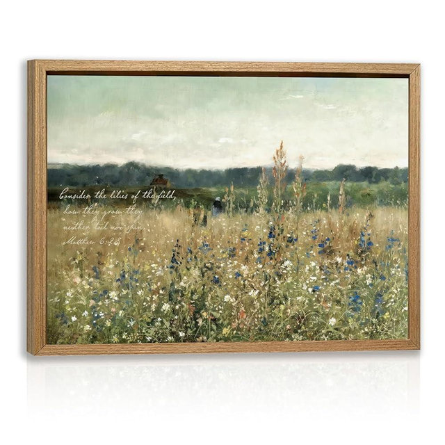 Cyebmo Christian Bible Verse Wall Art, Vintage “Consider the Lilies” Scripture Wall Decor, Rustic Wildflower Canvas Painting, Religious Jesus Artwork for Church Prayer Hospital Wood Framed 16"x24"