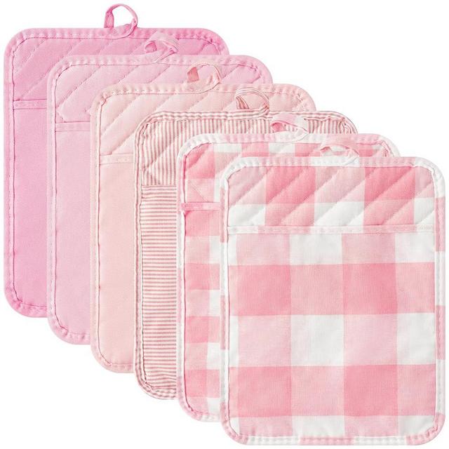 R HORSE 6Pcs Pot Holder with Pocket Pink Check Pocket Pot Holder Set Cotton Plaid Kitchen Heat Resistant Potholder Non-Slip Potholder Oven Mitts Hot Pads Terry Cloth Pot Holders for Cooking Baking