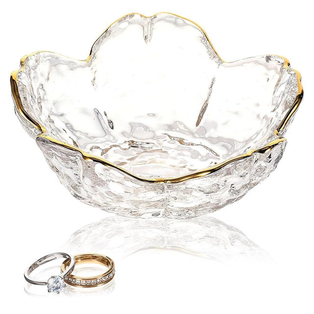 Ouligay Small Cute Jewelry Dish Tray Flower Jewelry Ring Dish Trinket Tray Ring Holder for Women Glass Jewelry Plate Dish with Gilt-Edged Blossom Design Gift for Wife Mom Daughter(Transparent)