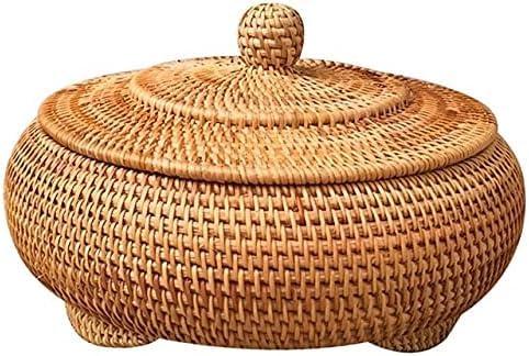 LAVNTM Round Rattan Boxes with Lid Hand-Woven,Wicker Fruit Basket 8.7 Inch Picnic Food Bread Table Storage basket (Honey Brown)