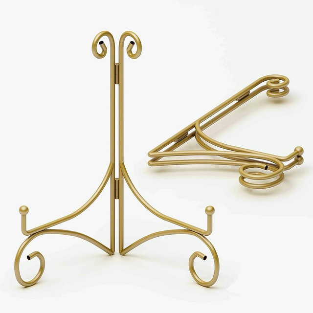 HEMYLU Plate Stand for Display with Hinged Folding Design, 6 Inch Picture Stands for Tables, Small Easels for Displaying Book, Art Piece, Photo and Platter, 6’’ Gold, 2-Pack
