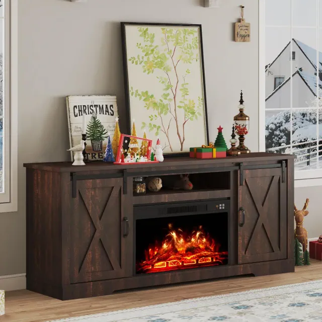 AMERLIFE Fireplace TV Stand with Sliding Barn Door for TVs up to 73", Farmhouse 63" Fireplace Entertainment Center, Reclaimed Barnwood