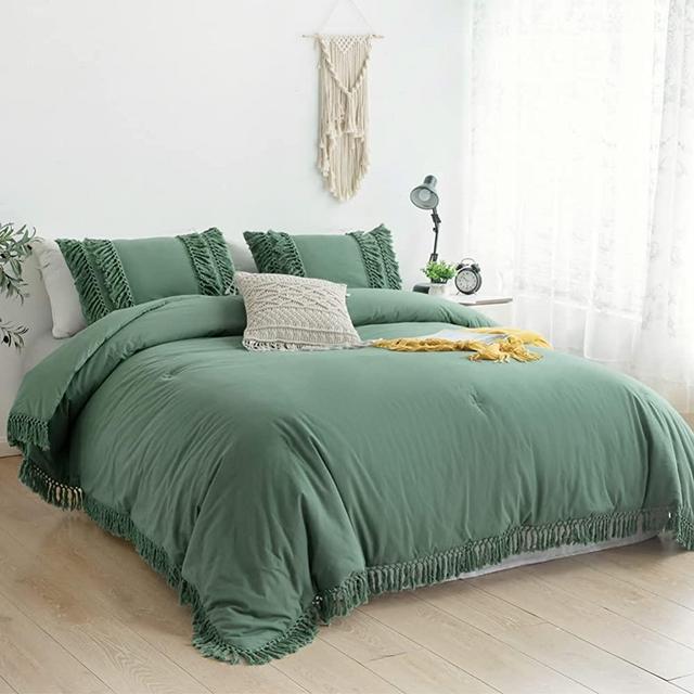 CozyTide Sage Green Boho Tassel Bedding King Comforter Sets 100% Washed Cotton Fringe Farmhouse Shabby Ruffle Trendy Indie Rustic Solid Aesthetic Bedding Duvet for King Bed 3Pcs Soft and Breathable
