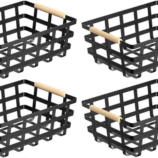 4 Packs Large Metal Storage Baskets,Farmhouse Baskets,Matte Black Pantry Organizer Baskets with Wood Handle, Metal Baskets Bins for Kitchen Pantry Shelf Cabinets