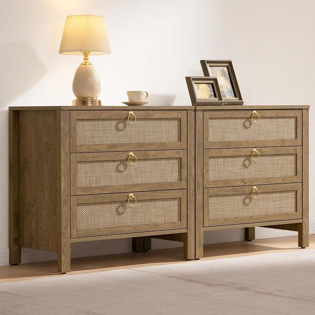 SICOTAS Nightstand Set 2 with Drawers - Large Rattan Bedside Table with Golden Handle, 3 Drawers Night Stand 26.78" Wide Side Table Boho Nightstand for Bedroom