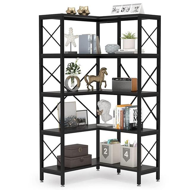 Tribesigns 5-Shelf Corner Bookshelf, Large Modern Corner Bookcase, 5-Tier Tall Corner Shelf Storage Display Rack with Metal Frame for Living Room Home Office (Black)