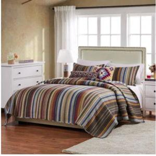Greenland Home Fashions Durango Stripe Reversible Queen Quilt Set | Wayfair - Color Tan/Grey/Blue