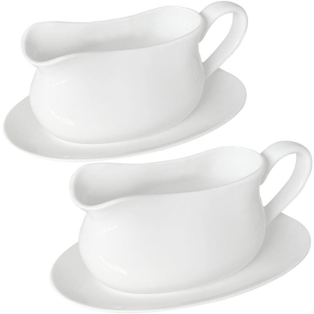 Qlans Large 17 Oz Gravy Boat and Tray White Fine Porcelain Saucier With Big Dripless Lip Spout For Gravy, Warming Sauces, Salad Dressings, Milk | Microwave & Freeze
