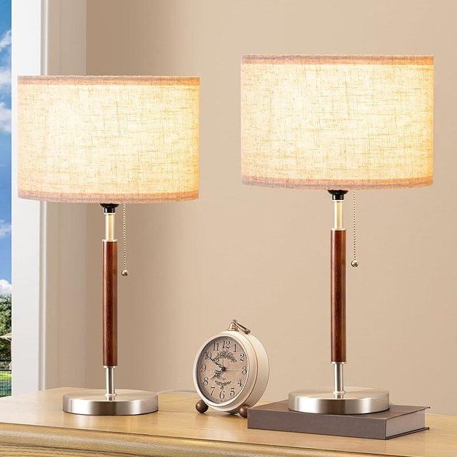 EDISHINE Mid Century Table Lamp Set of 2, Pull Chain Switch Bedside Lamp, Linen Shade, Solid Wood Pole & Brushed Nickel Metal Base, Modern Nightstand Lamp for Bedroom, Living Room, Office, E26 Base