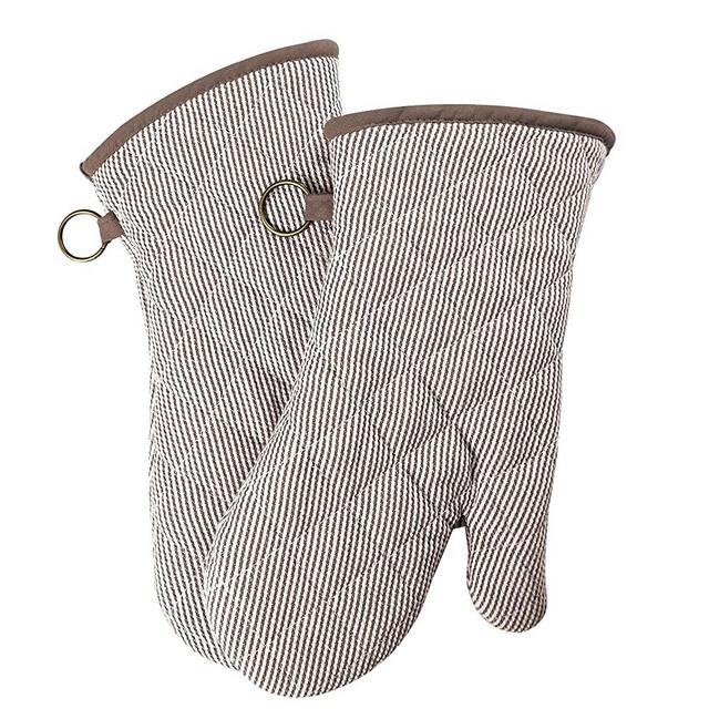 1 Pair Yarn Dyed Oven Mitts 100% Cotton Heat Resistant 470 Degree Gloves Men Women Cooking Baking Barbecue BBQ Microwave Crafting Machine Washable Pot Holders Mittens (Khaki)